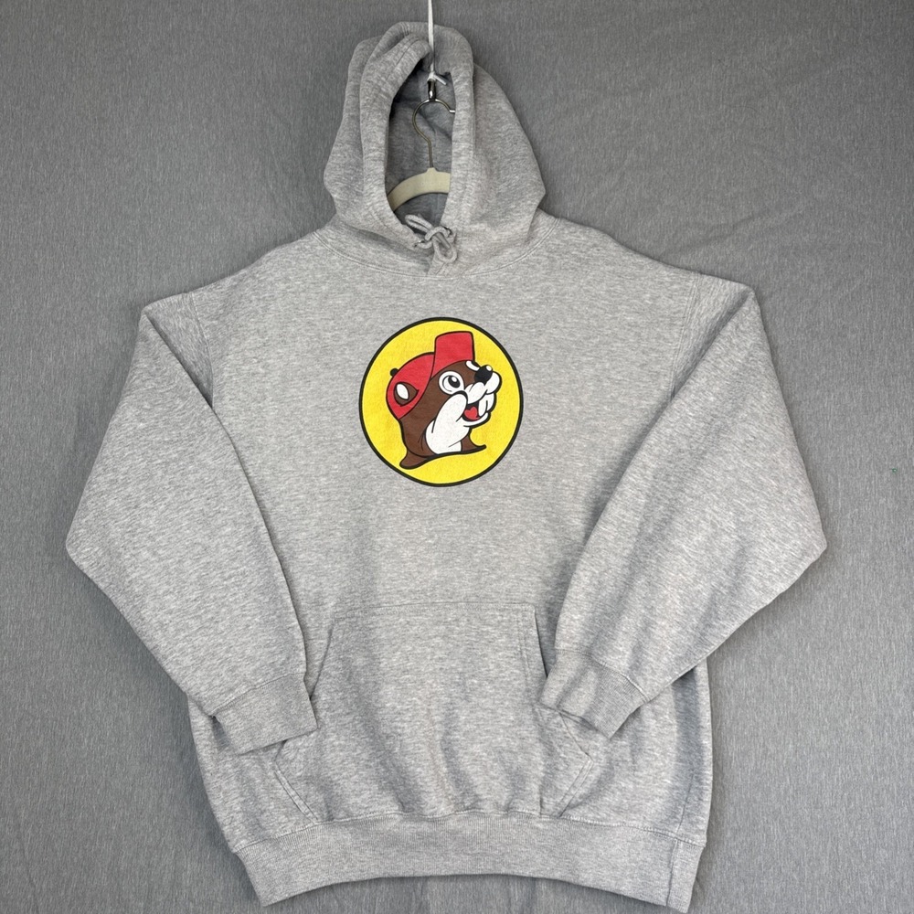 Buc-ee's Hoodie Men's Gray Large Pullover Fleece Logo Sweatshirt Adult Unisex